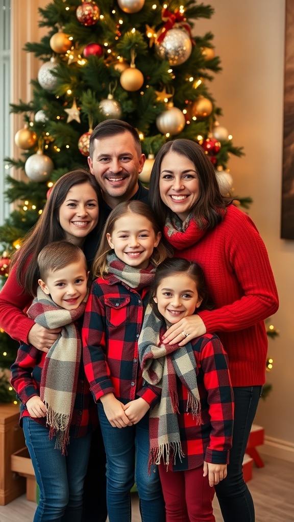 A family in coordinated Christmas outfits posing in front of a decorated tree for a holiday card.